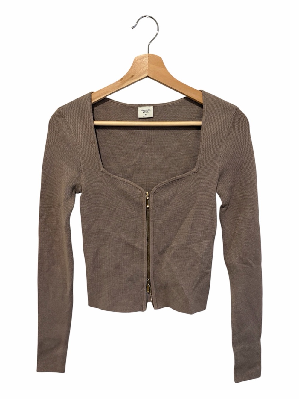 Abercrombie Long Sleeve Knit Top Sweetheart Taupe Size XS Notch Neck Zip Front